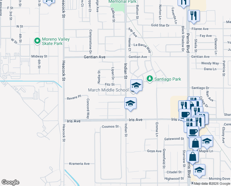 map of restaurants, bars, coffee shops, grocery stores, and more near 15786 June Court in Moreno Valley