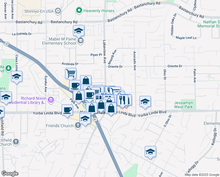 map of restaurants, bars, coffee shops, grocery stores, and more near 4792 Lakeview Avenue in Yorba Linda