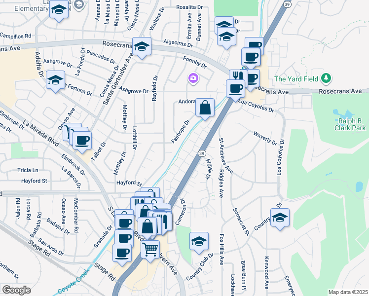 map of restaurants, bars, coffee shops, grocery stores, and more near 4724 Madrid in Buena Park