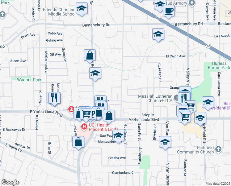 map of restaurants, bars, coffee shops, grocery stores, and more near 4781 Kona Kove Way in Yorba Linda
