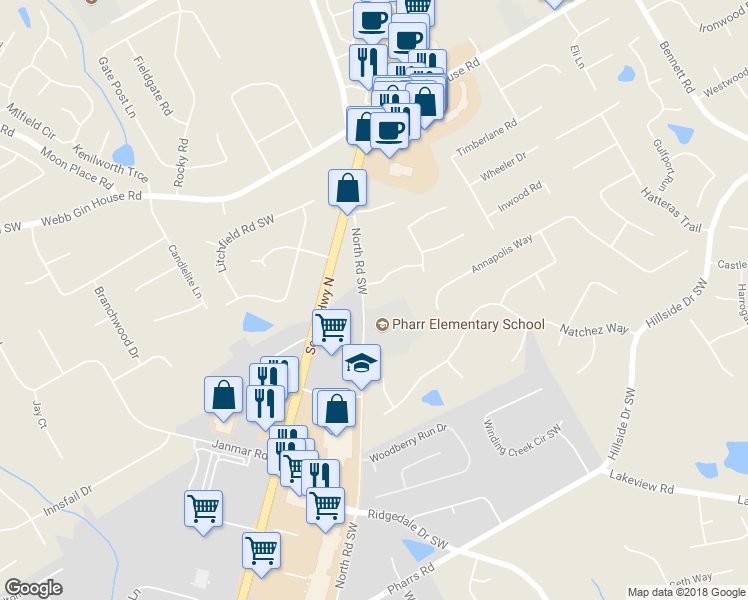 map of restaurants, bars, coffee shops, grocery stores, and more near 1490 North Road Southwest in Snellville