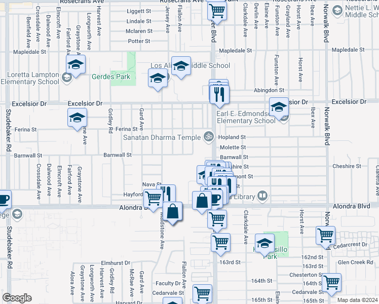 map of restaurants, bars, coffee shops, grocery stores, and more near 11669 Barnwall Street in Norwalk