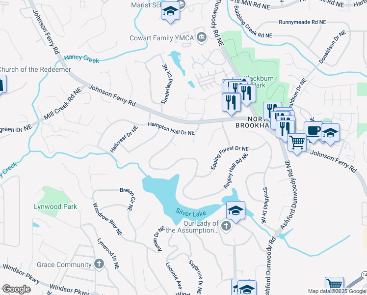 map of restaurants, bars, coffee shops, grocery stores, and more near 3460 Wycherly Court Northeast in Atlanta