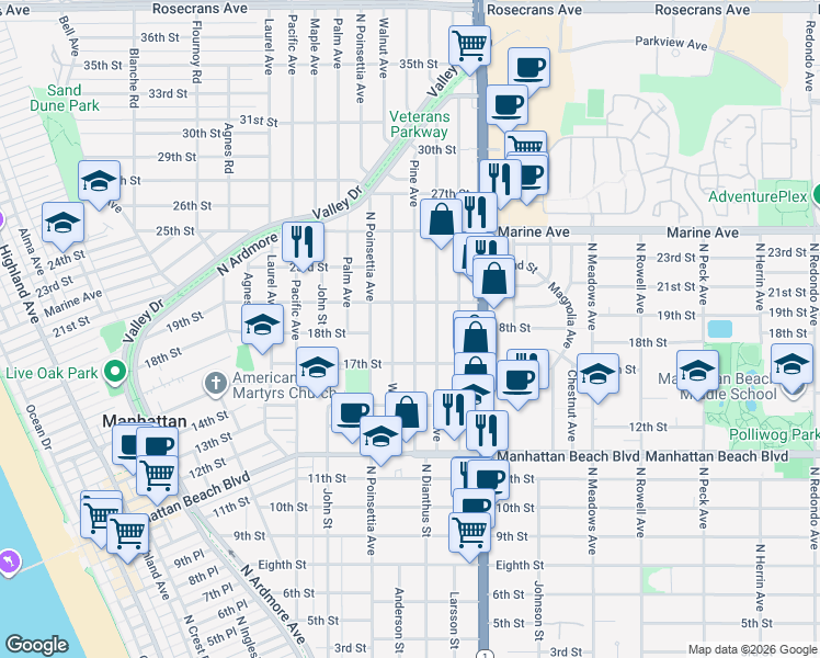 map of restaurants, bars, coffee shops, grocery stores, and more near 1801 Pine Avenue in Manhattan Beach