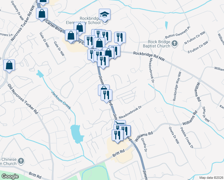 map of restaurants, bars, coffee shops, grocery stores, and more near 6176 WinterGreen Road Northwest in Norcross