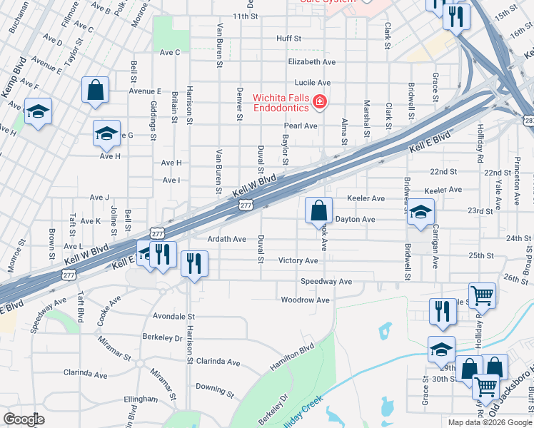 map of restaurants, bars, coffee shops, grocery stores, and more near 1811 Dayton Avenue in Wichita Falls