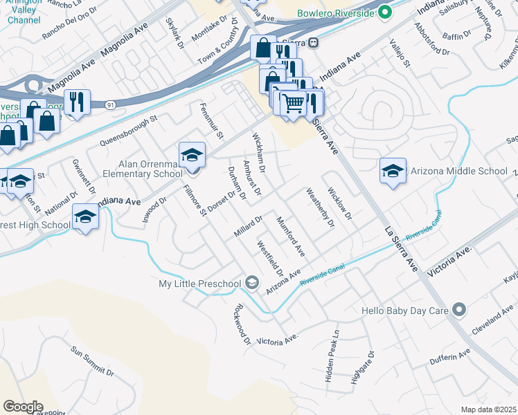 map of restaurants, bars, coffee shops, grocery stores, and more near 11374 Cambridge Street in Riverside
