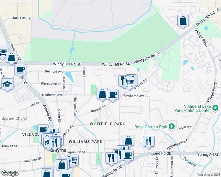 map of restaurants, bars, coffee shops, grocery stores, and more near 1595 Hawthorne Avenue Southeast in Smyrna