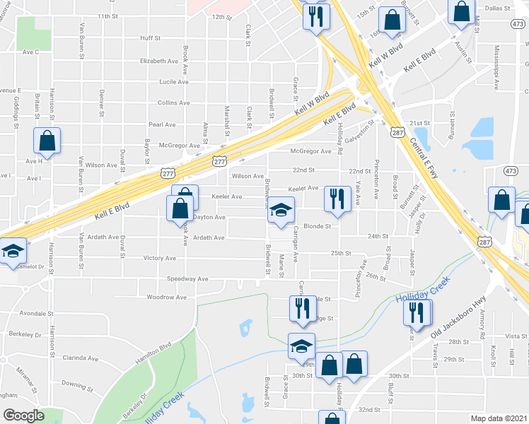 map of restaurants, bars, coffee shops, grocery stores, and more near 1626 Dayton Avenue in Wichita Falls