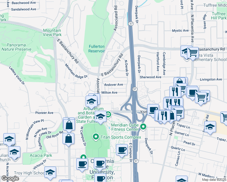 map of restaurants, bars, coffee shops, grocery stores, and more near 2635 Milton Avenue in Fullerton