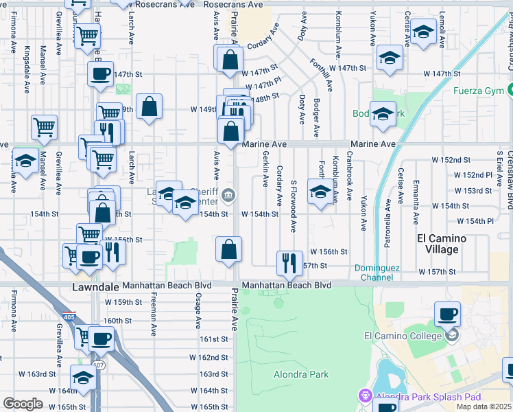 map of restaurants, bars, coffee shops, grocery stores, and more near 15402 Roselle Avenue in Lawndale
