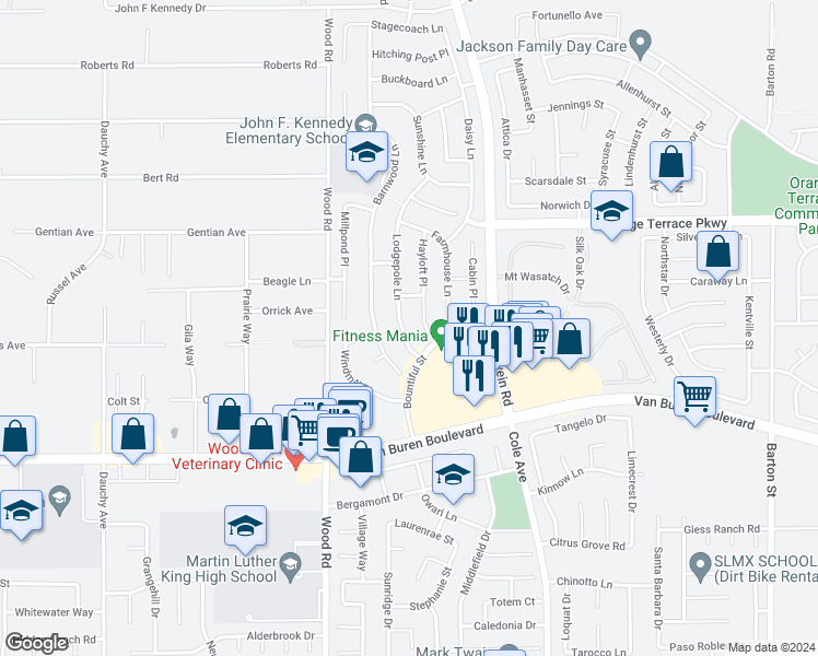 map of restaurants, bars, coffee shops, grocery stores, and more near 8690 Lodgepole Lane in Riverside