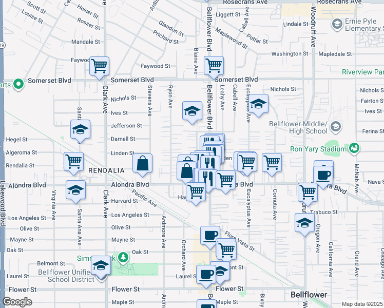 map of restaurants, bars, coffee shops, grocery stores, and more near 15703 Blaine Avenue in Bellflower