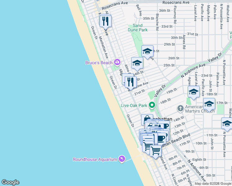 map of restaurants, bars, coffee shops, grocery stores, and more near Marine Avenue in Manhattan Beach