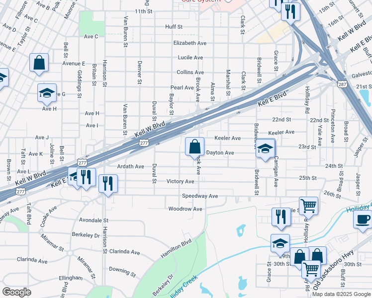 map of restaurants, bars, coffee shops, grocery stores, and more near 1714 Dayton Avenue in Wichita Falls