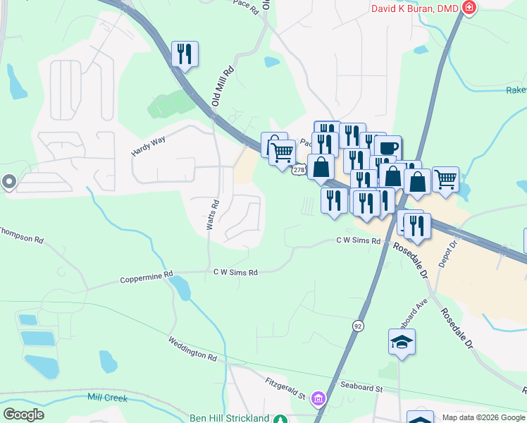 map of restaurants, bars, coffee shops, grocery stores, and more near 172 Venture Path in Hiram