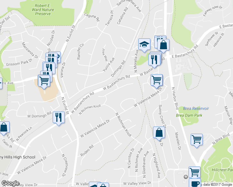 map of restaurants, bars, coffee shops, grocery stores, and more near 620 Green Acre Drive in Fullerton