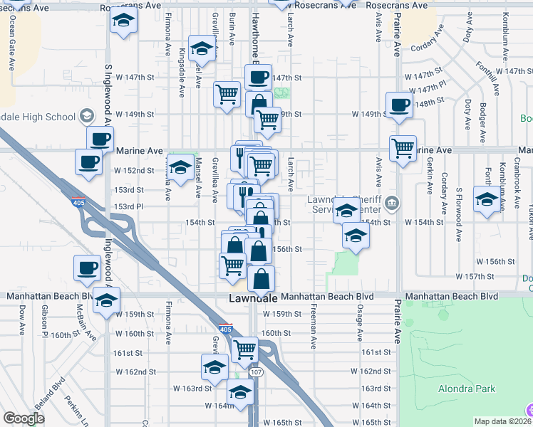 map of restaurants, bars, coffee shops, grocery stores, and more near in Lawndale