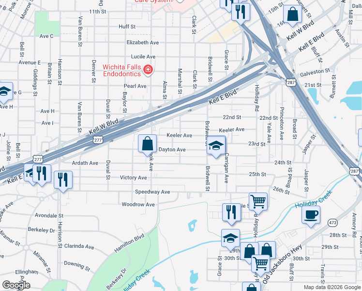 map of restaurants, bars, coffee shops, grocery stores, and more near 1652 Dayton Avenue in Wichita Falls
