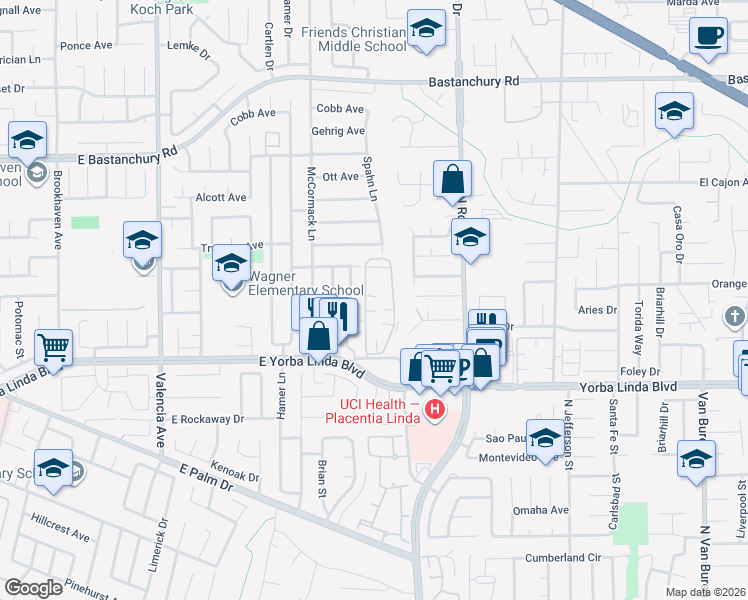 map of restaurants, bars, coffee shops, grocery stores, and more near 1548 Sherwood Village Circle in Placentia