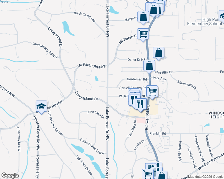 map of restaurants, bars, coffee shops, grocery stores, and more near 4975 West Belle Isle Road Northeast in Atlanta