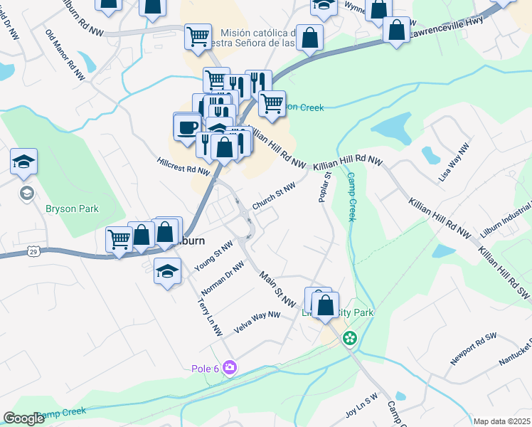 map of restaurants, bars, coffee shops, grocery stores, and more near 4968 Noble Village Way in Lilburn