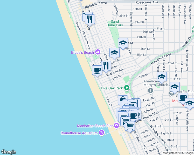 map of restaurants, bars, coffee shops, grocery stores, and more near 2200 The Strand in Manhattan Beach