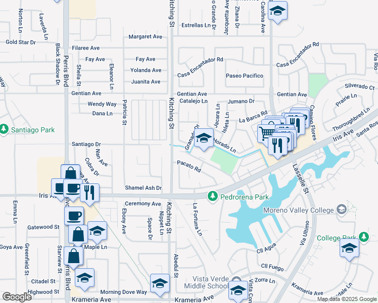 map of restaurants, bars, coffee shops, grocery stores, and more near 25579 Los Cabos Drive in Moreno Valley