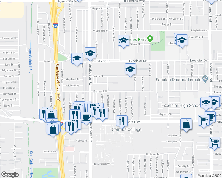 map of restaurants, bars, coffee shops, grocery stores, and more near 11113 Barnwall Street in Norwalk