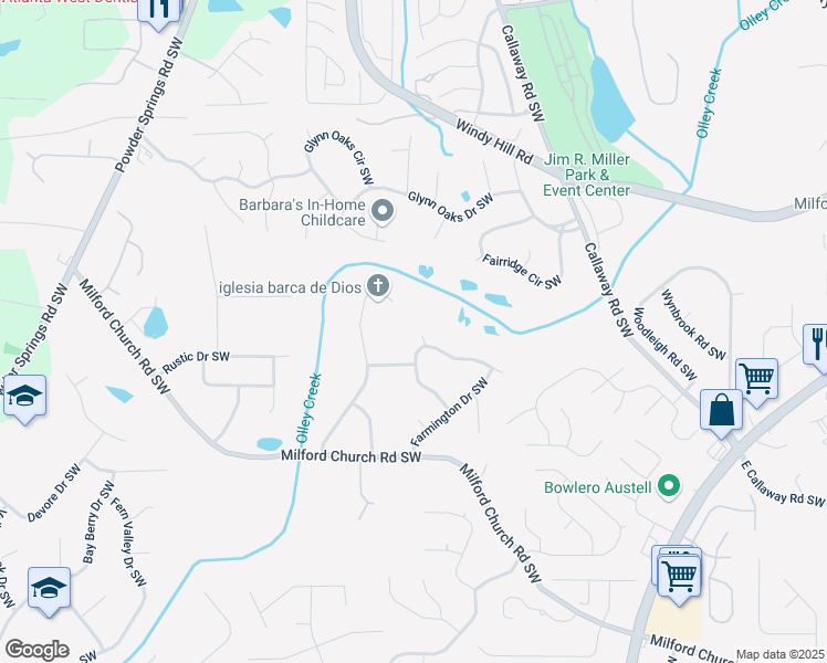 map of restaurants, bars, coffee shops, grocery stores, and more near 2555 Angus Court Southwest in Marietta