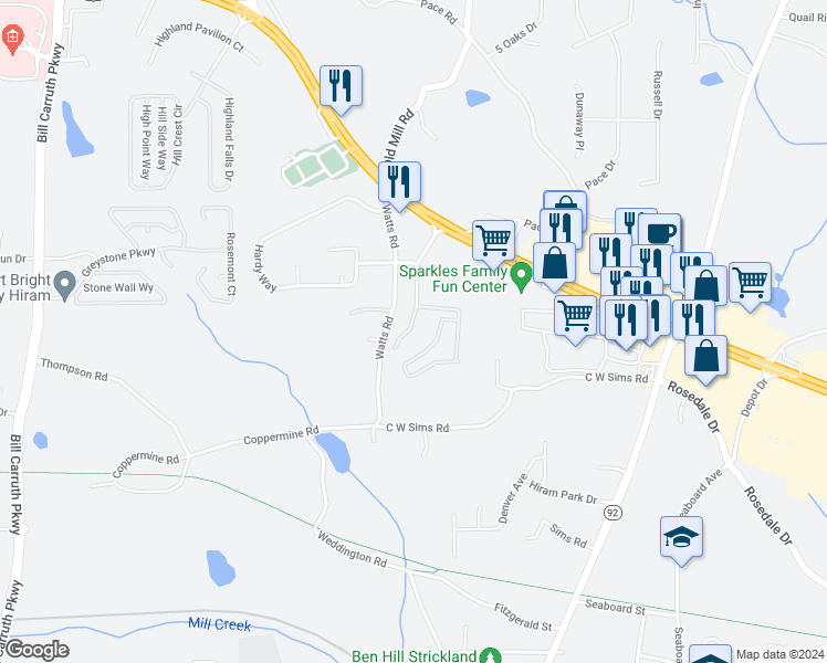 map of restaurants, bars, coffee shops, grocery stores, and more near 241 Enterprise Path in Hiram