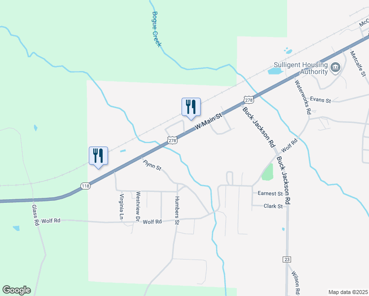 map of restaurants, bars, coffee shops, grocery stores, and more near 4551 Highway 278 Northeast in Sulligent