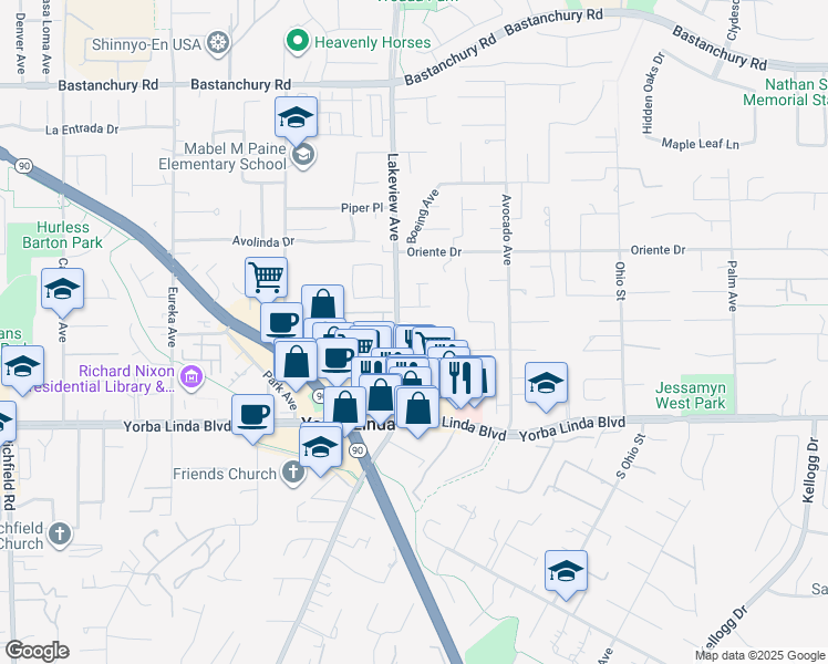 map of restaurants, bars, coffee shops, grocery stores, and more near 4792 Lakeview Avenue in Yorba Linda