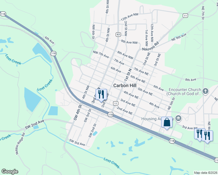 map of restaurants, bars, coffee shops, grocery stores, and more near 337-399 2nd St NW in Carbon Hill
