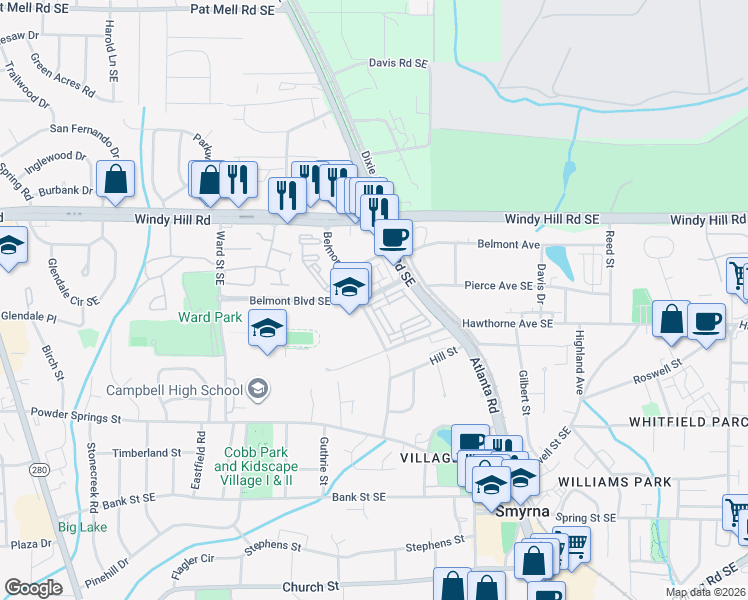 map of restaurants, bars, coffee shops, grocery stores, and more near 112 Blakemore Drive in Smyrna