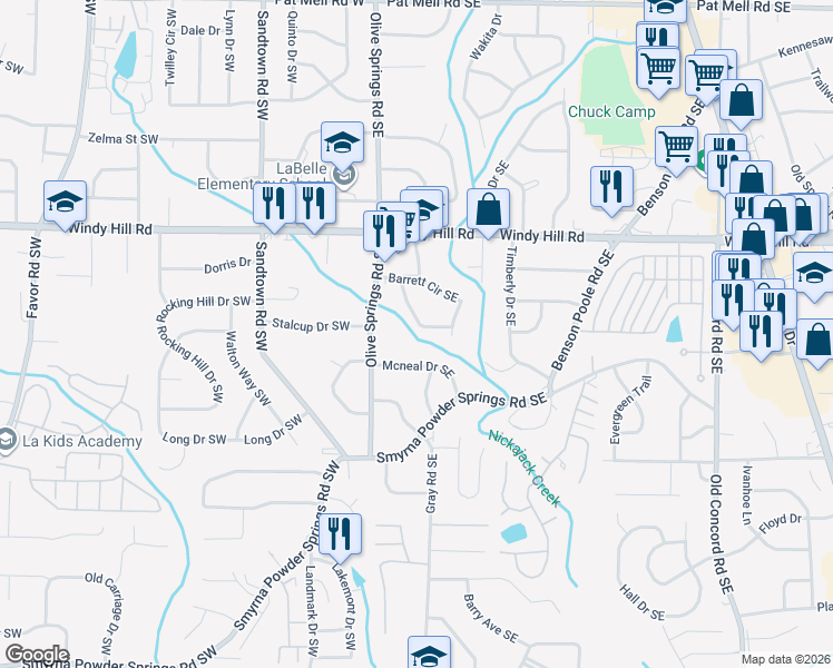 map of restaurants, bars, coffee shops, grocery stores, and more near 54 Dewey Lane in Marietta