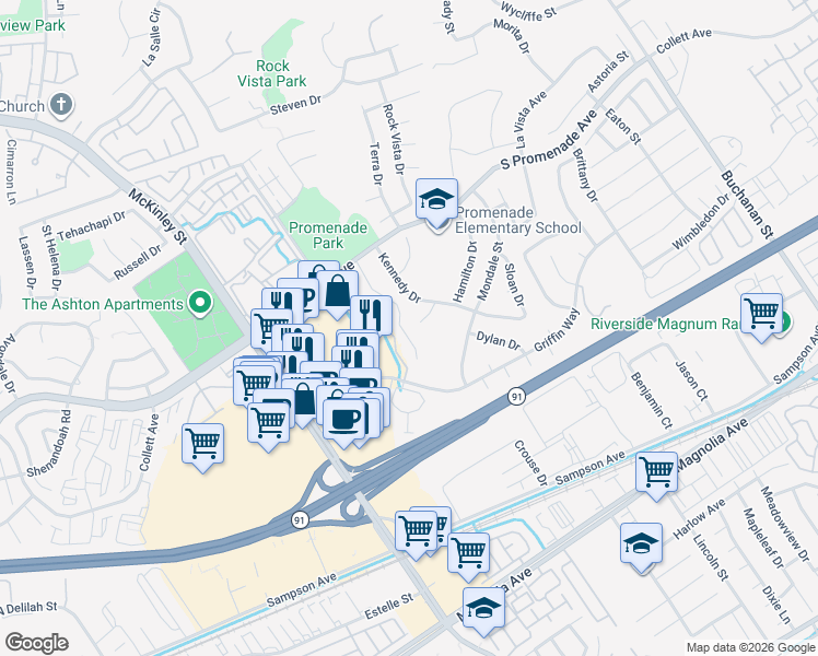 map of restaurants, bars, coffee shops, grocery stores, and more near 445 Richey Street in Corona