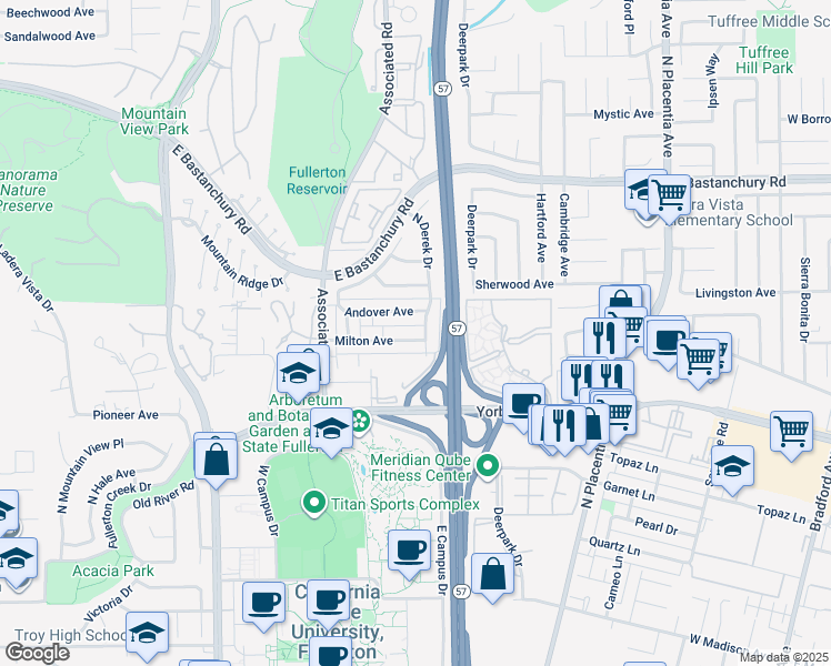 map of restaurants, bars, coffee shops, grocery stores, and more near 2684 Milton Avenue in Fullerton