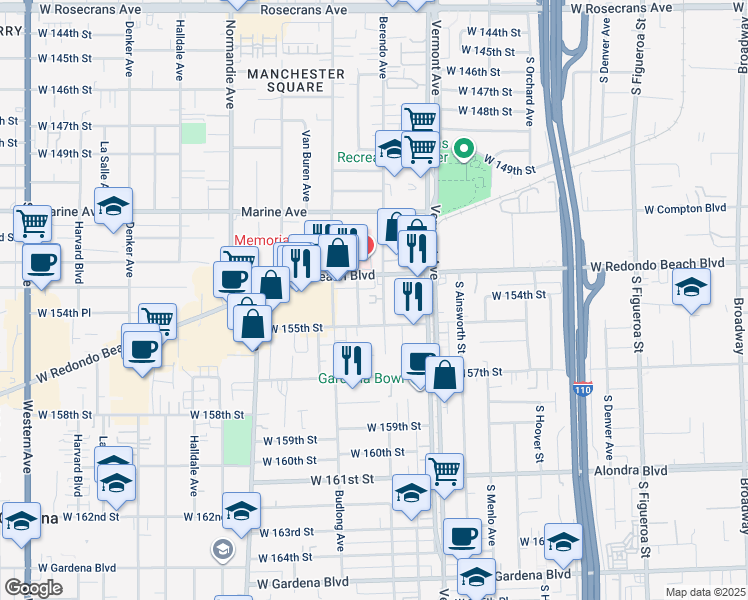 map of restaurants, bars, coffee shops, grocery stores, and more near 15411 Berendo Avenue in Gardena