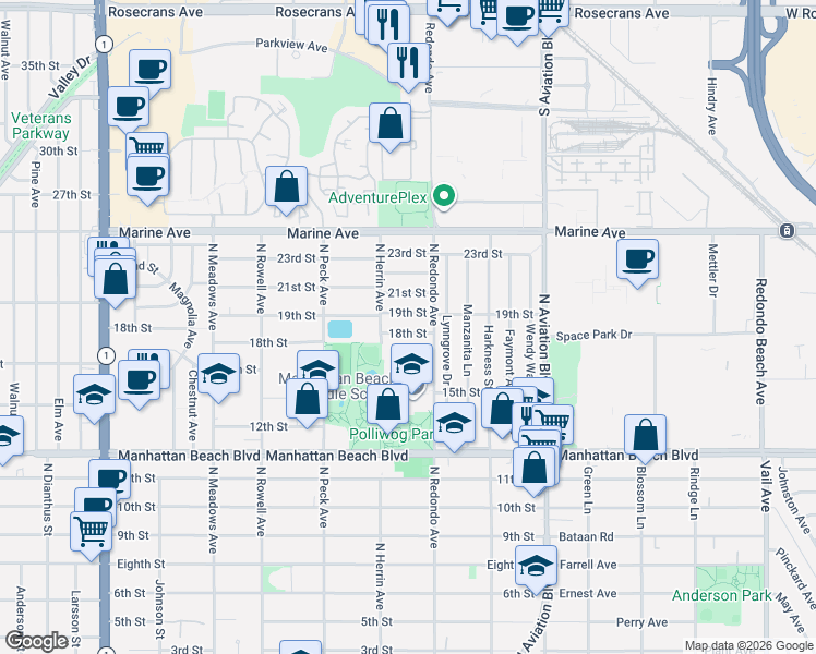 map of restaurants, bars, coffee shops, grocery stores, and more near 1616 18th Street in Manhattan Beach