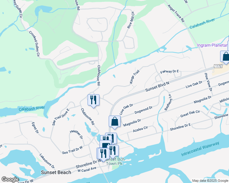 map of restaurants, bars, coffee shops, grocery stores, and more near 214 Kings Trail in Sunset Beach