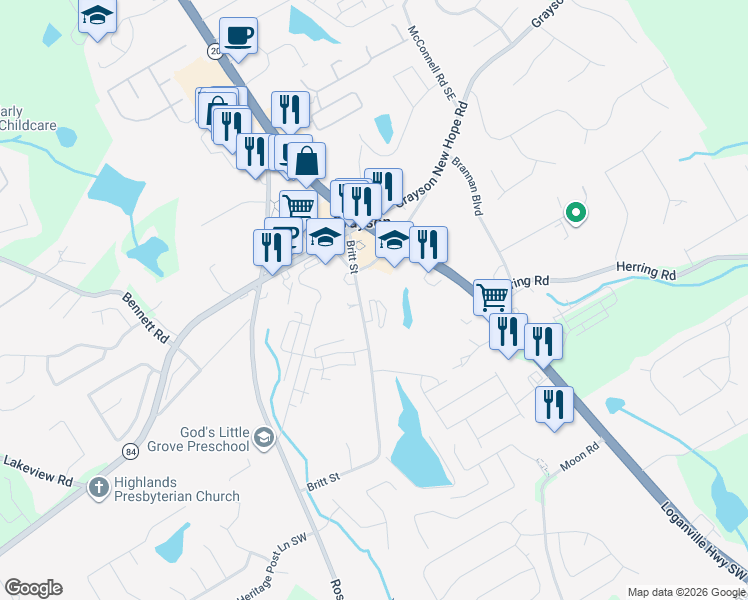 map of restaurants, bars, coffee shops, grocery stores, and more near 2198 Britt Street in Grayson