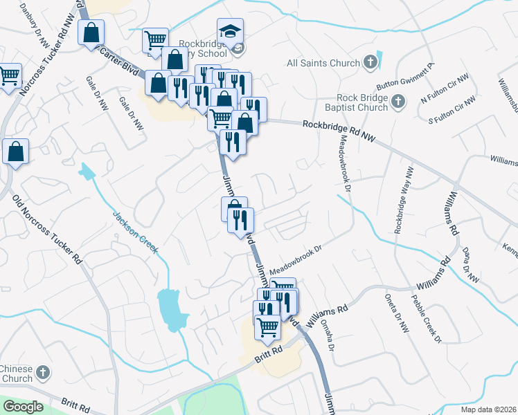 map of restaurants, bars, coffee shops, grocery stores, and more near 6176 WinterGreen Road Northwest in Norcross