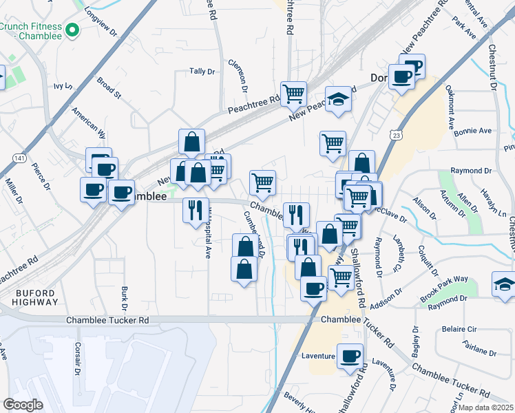 map of restaurants, bars, coffee shops, grocery stores, and more near 3248 Chamblee Dunwoody Road in Chamblee