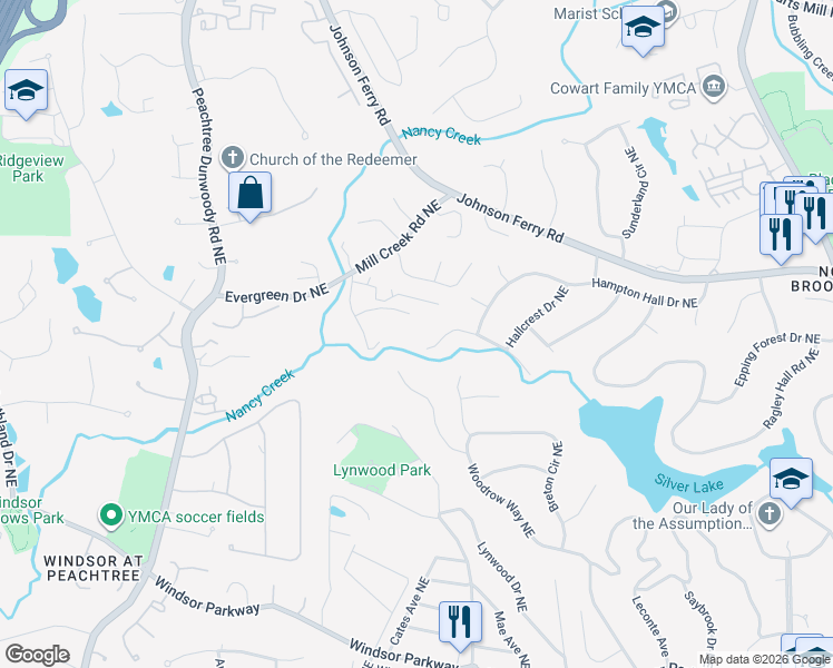 map of restaurants, bars, coffee shops, grocery stores, and more near 1088 Warrenhall Lane in Atlanta
