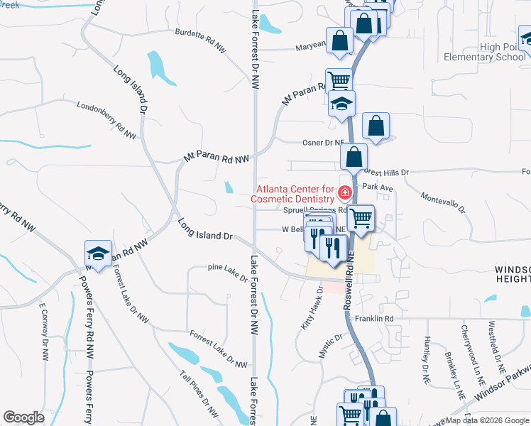 map of restaurants, bars, coffee shops, grocery stores, and more near 4975 West Belle Isle Road Northeast in Atlanta