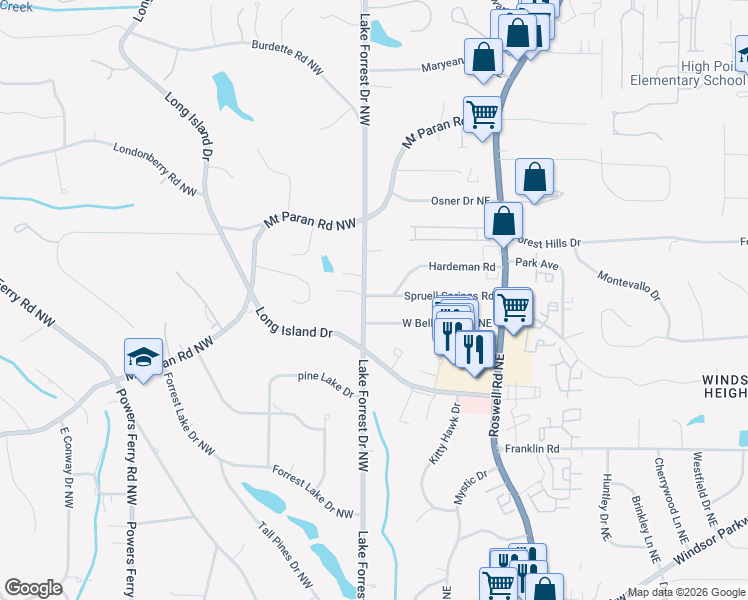 map of restaurants, bars, coffee shops, grocery stores, and more near 4975 West Belle Isle Road Northeast in Atlanta