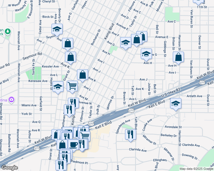 map of restaurants, bars, coffee shops, grocery stores, and more near 2104 Polk Street in Wichita Falls