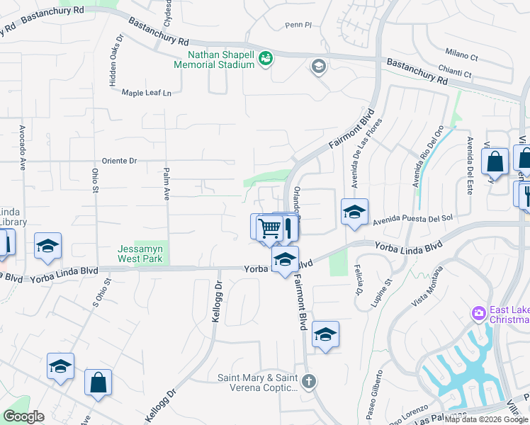 map of restaurants, bars, coffee shops, grocery stores, and more near 4768 Carmonita Lane in Yorba Linda