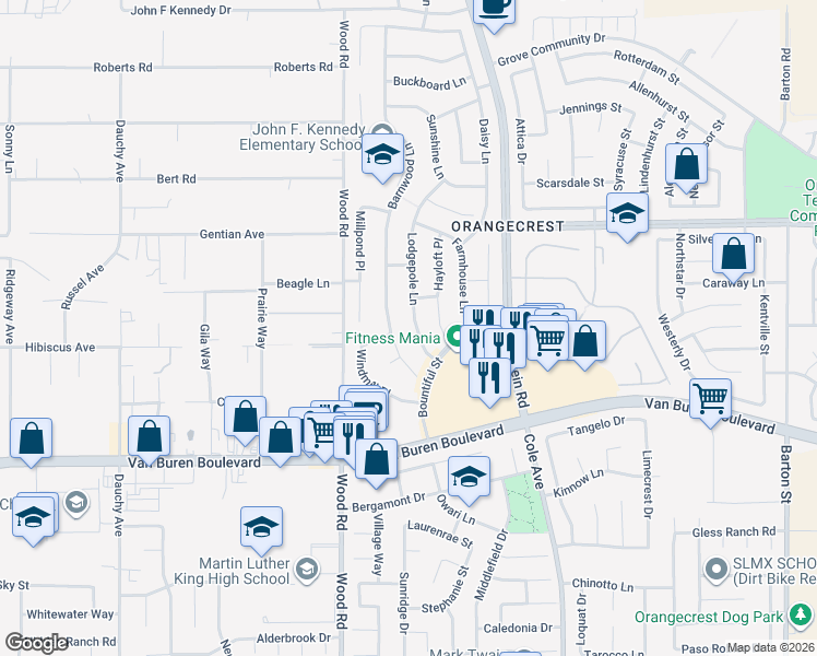 map of restaurants, bars, coffee shops, grocery stores, and more near 8679 Lodgepole Lane in Riverside